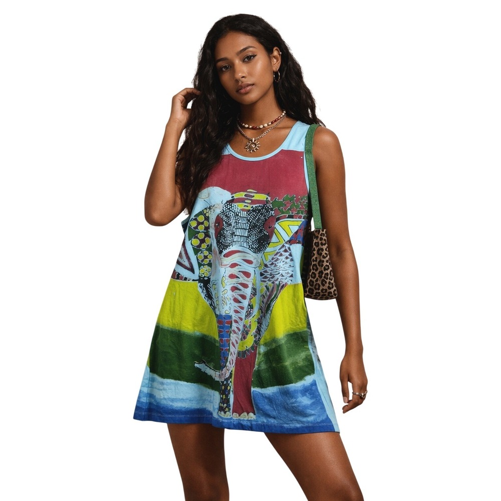 MIRROR Elephant Graphic Tank Dress Artsy Y2K Indie Mini eclectic size M